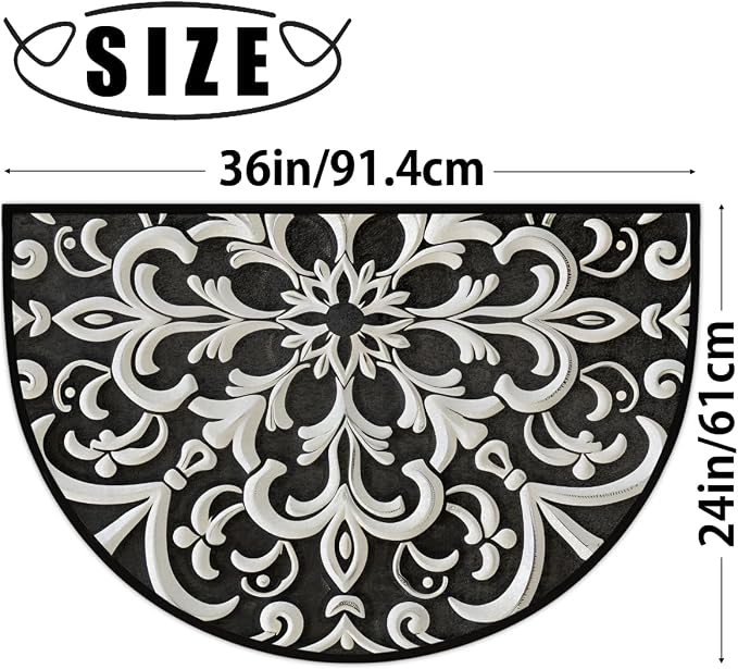 Mandala Boho Half Round Door Mat Non Slip Half Circle Rugs | Mandala Flower Washable Half Moon Rug Semi Circle Rugs Indoor Entrance Floor Carpet for Kithen Bedroom Fireplace Decor