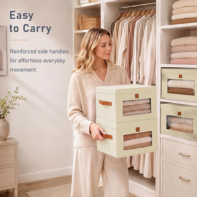 DIMJ Storage Bins with Lids - 4 Pack Front Opening Stackable Fabric Storage Boxes with Clear Window & Handles, Collapsible Closet Organizers for Clothes, Sweaters, Shelf Storage, Bedroom, Beige