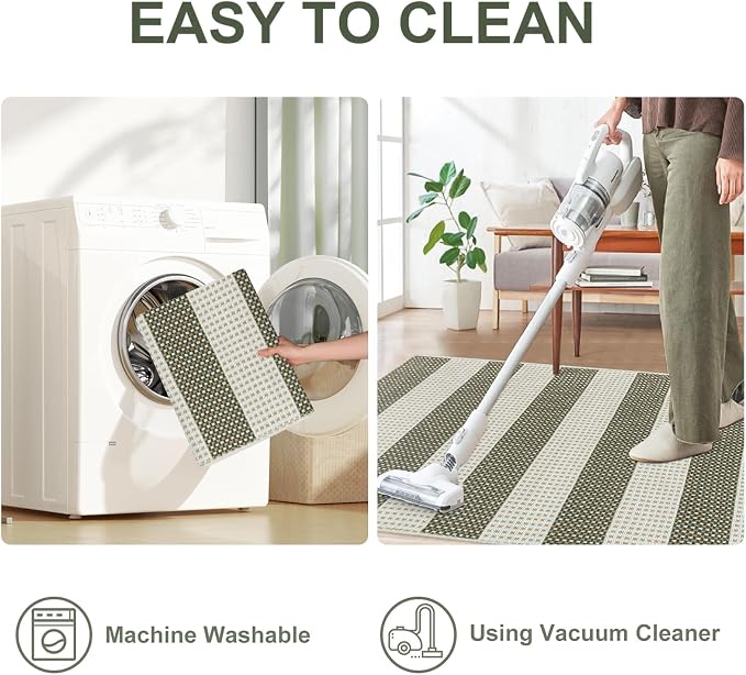 OJIA Outdoor Patio Rug 5'x7' Striped Washable Camping Rug Outdoor Carpet | Large Area Rugs Green Cotton Woven Thin Indoor Outdoor Rugs for Bedroom/Living Room/Front Porch Decor/Deck/Backyard/Camping