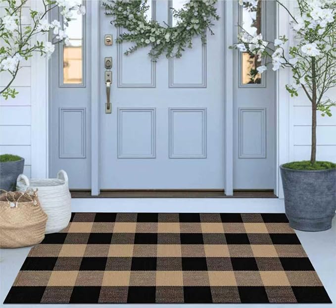 Tan and Black Door Mats Outdoor 27.5''X 43.3''Checkered Spring Front Porch Rug Cotton Washable Small Area Rug for Hello Welcome Layered Entryway Bedroom Living Room