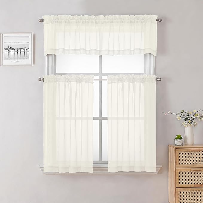 Lecloud Ivory Sheer Valances for Windows 18 Inch Length 2 Pcs, Cafe Kitchen - Image 6