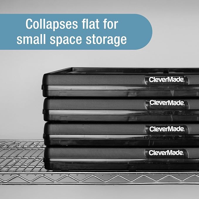 CleverMade Collapsible Utility Crates, 60L, 3 Pack, Obsidian | Each crate carries 66 lb with reinforced base bracing. Stack up to 3 high, then fold to 2.75 inches for shelf storage.