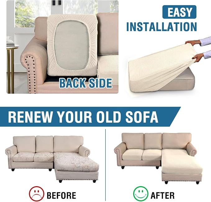 H.VERSAILTEX Sectional Couch Covers 3 Pieces Sofa Seat Cushion Covers L Shape Separate Cushion Couch Chaise Cover for Both Left/Right Sectional Couch (Seat Only: 1 Chaise + 2 Sofa, Cream)