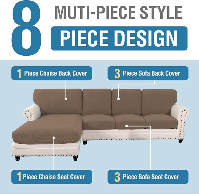 H.VERSAILTEX Sectional Couch Covers 4 Pieces Sofa Seat Cushion Covers L Shape Separate Cushion Couch Chaise Cover for Both Left/Right Sectional Couch (Seat Only: 1 Chaise + 3 Sofa, Macchiato)
