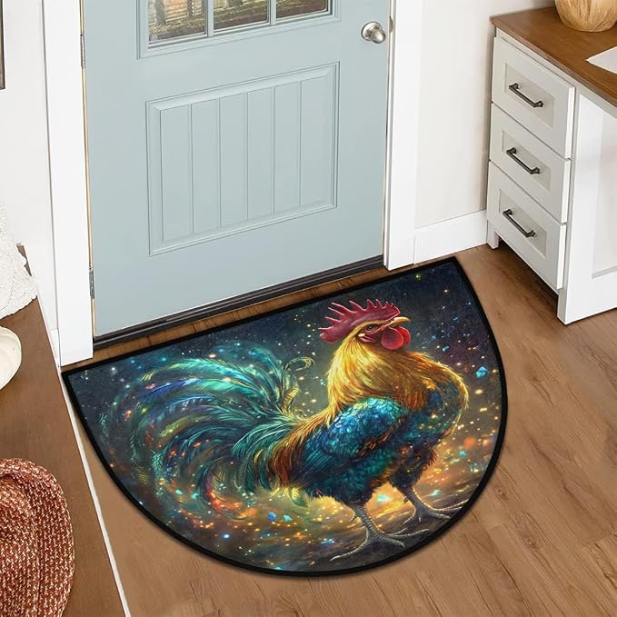 Galaxy Rooster Half Round Door Mat Non-Slip Semi Circle Rug Washable Half Moon Floor Rug Absorbent Bathroom Area Rugs for Outdoor Indoor Fireplace Mat Entryway Kitchen Decor Rugs