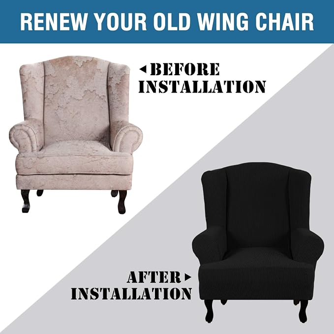 H.VERSAILTEX Wing Chair Slipcover Chair Covers for Wingback Chairs Wingback Chair Covers Slipcovers 1 Piece Stretch Sofa Cover Furniture Protector Soft Spandex Jacquard Checked Pattern, Black