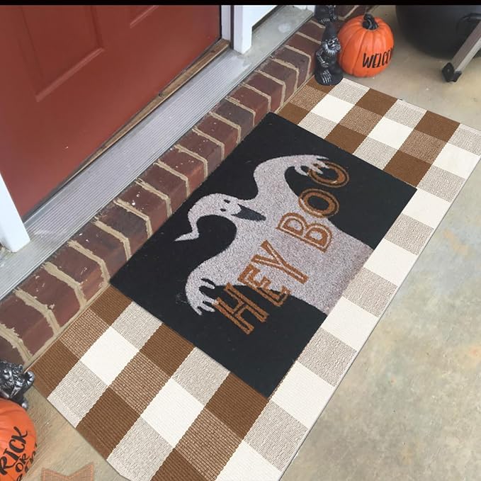 Buffalo Plaid Outdoor Rugs, 2'x4'3'' Brown and White Checkered Indoor/Outdoor Area Rug, Layering Rug for Hello/Welcome Door Mat, Washable Cotton Woven Farmhouse Mat for Fall Front Porch Décor
