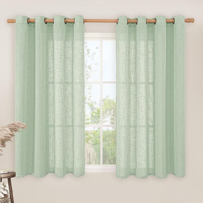 LAMIT Fresh Green Linen Curtains 54 Inch Length 2 Panels, Light Filtering Semi by LAMIT