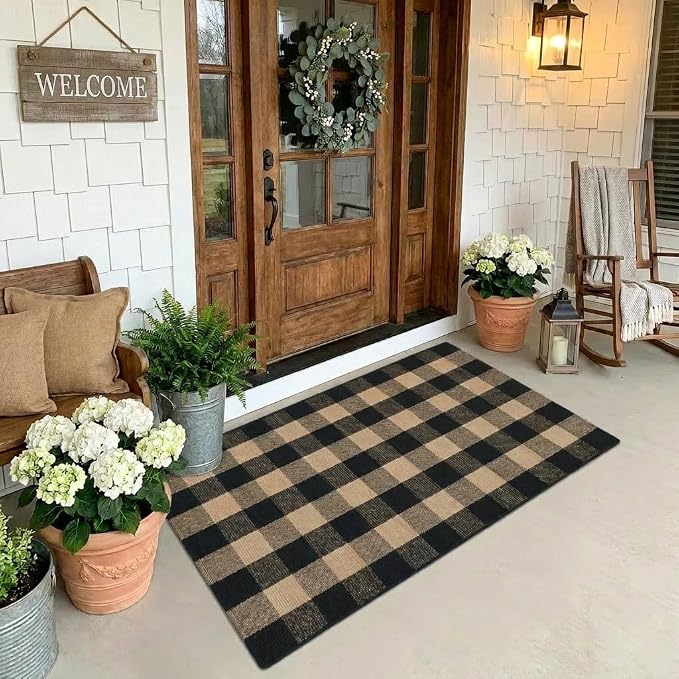 Buffalo Plaid Rug 3' x 5' Brown and Black Front Door Mat Reversible Layered Porch Rug Washable Hand Woven Cotton Area Rug for Indoor Outdoor Entryway Patio Porch Decor