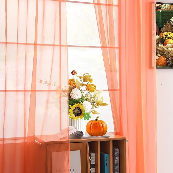 youleyar Solid Sheer Rod Pocket Curtain Voile Draperies 2 Panels White Beige Black Grey Coffee 52 Inch Width 96 Inch Long 1 Pair for Kitchen Bedroom Children Living Room Yard (Orange Red,52Wｘ96L)
