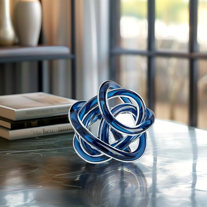 Torre & Tagus Orbit Hand Blown Glass Infinity Knot Sculpture - 3 Inch Glass Art Blue Knot Decor Ball for Home Decor, Small Centerpiece Table Decoration for Home Interior (Indigo Blue)
