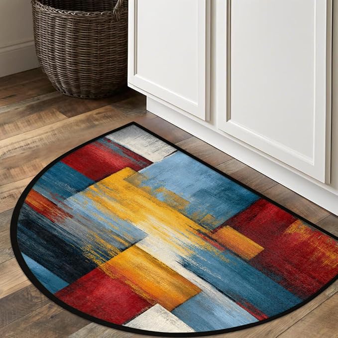 Abstract Half Round Doormat Semi Circle Rug Half Moon Rug Entryway Mat | Colorful Abstract Washable Non Slip Outdoor Floor Rug Kitchen Mat for Indoor Outdoor Bathroom Fireplace Bath Decor