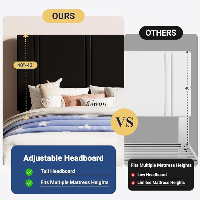 Allewie Twin Size Platform Bed Frame with Adjustable Headboard | Plush Velvet Upholstered, Vertical Channel Tufted, Sturdy Wood Slats, No Box Spring Needed, Easy Assembly, Black