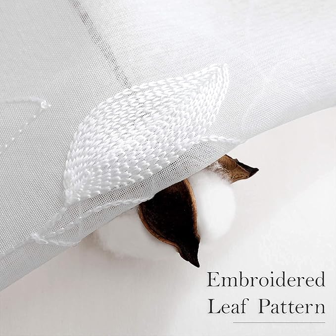 HOMEIDEAS White Sheer Curtains 52 X 96 Inches Long 2 Panels Embroidered Leaf - Image 3