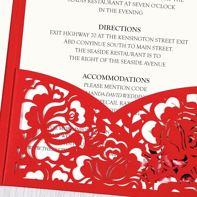 DORIS HOME 50Pcs Personalized Laser Cut Wedding Invitations, Red | 4.7"x7.1", Customized Anniversary Invitations, With Envelopes