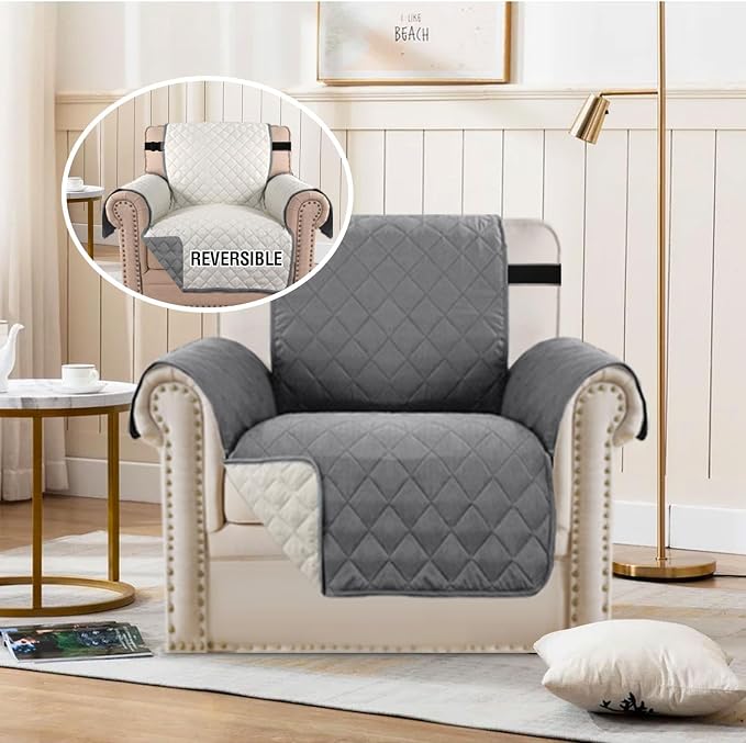 H.VERSAILTEX Reversible Quilted Chair Cover, Water Resistant Chair Slipcover Furniture Protector, Washable Chair Couch Cover with Elastic Strap for Kids, Dogs, Pets(Armchair, Grey/Beige)