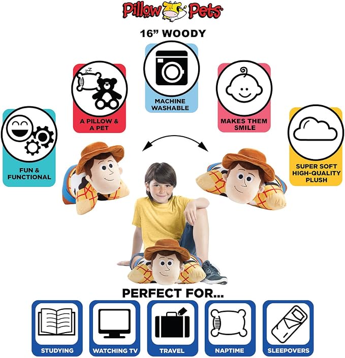 Pillow Pets Disney Pixar Woody, 16" Plush Toy | Soft Plush Pillow Companion, Unfastens into a Cozy Pillow at Night, Machine Washable, BPA and Phthalates Free