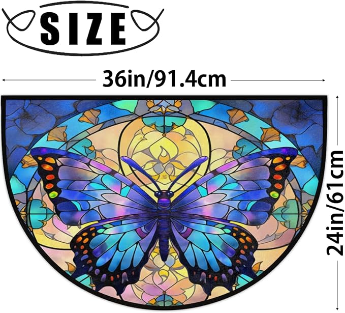 Half Round Door Mat Blue butterfly Glass Window Intdoor Entrance 36x24 Inch, Non-Slip Welcome Mat for Outdoor Semi Circle Bathroom Floor Rugs,House Entry Way Heavy Duty Doormat for Kitchen Living Room