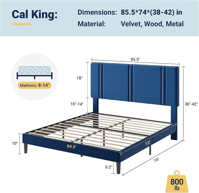 Allewie California King Size Platform Bed Frame with Adjustable Headboard | Plush Velvet Upholstered, Vertical Channel Tufted, Sturdy Wood Slats, No Box Spring Needed, Easy Assembly, Blue