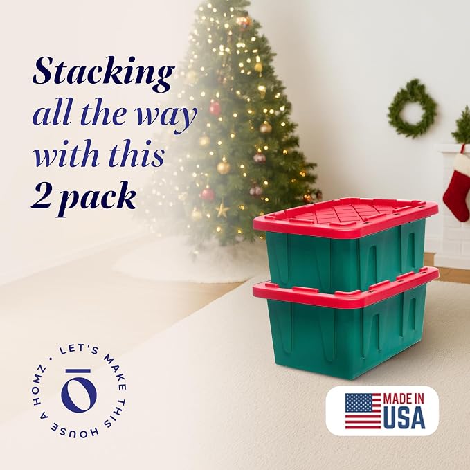 HOMZ Holiday Plastic Storage Container, 15 Gallon - Set of 2, Green and Red, 2 Sets | Heavy-Duty Large Stackable Container Seasonal Boxes for Home, Attic, and Garage Organization