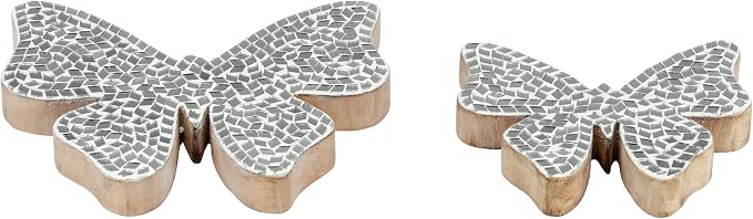 Decorative Sculpture Table Top – Glass Mosaic Butterfly Overmantel Modern Coffee Table Decor - Mango Wood Accent Piece for Coffee Tables, Shelves & Living Rooms – Elegant Home Decor – 5", White