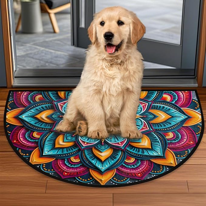 Flower Half Round Door Mat Semi Moon Rug Fireplace Carpet Area Rugs | Colorful Mandala Non Slip Absorbent Half Circle Mat Carpet for Indoor Outdoor Patio Kitchen Bathroom Entryway Home Decor