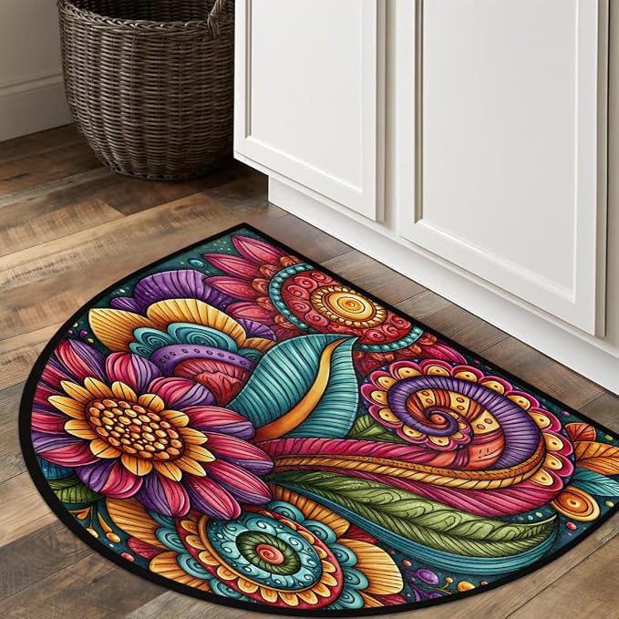 Daisy Half Round Door Mat Semi Moon Rug Fireplace Carpet Area Rugs | Color Bohemia Non Slip Absorbent Half Circle Mat Carpet for Indoor Outdoor Patio Kitchen Bathroom Entryway Home Decor