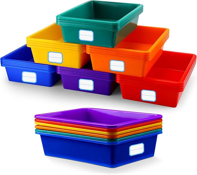 Hoolerry 24 Pack Classroom Cubby Storage Bins Plastic Stackable Storage Bins with Labels Cubby Organizer Containers for Classroom School Toy Book Organization(14 x 10 x 3 Inch,Colorful)