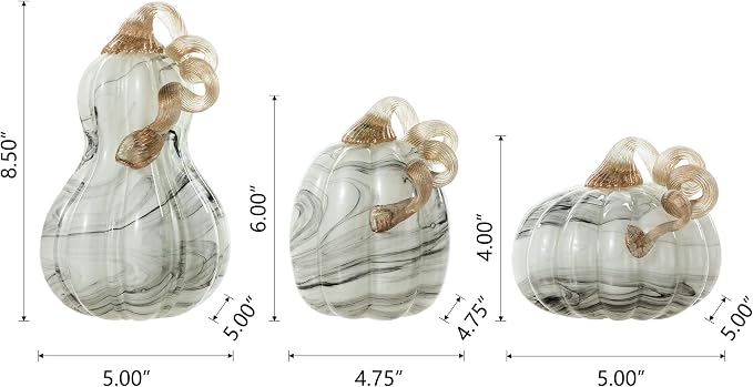 Glitzhome Set of 3 Hand Blown Glitter Glass Pumpkins - Fall Decor for Halloween & Thanksgiving Handmade Table Accent Harvest Home Decor, Gray Marble