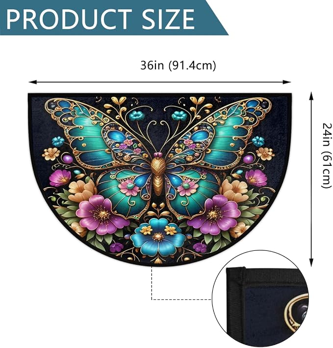 Pretty Butterfly Half Round Door Mat Semi Circle Rug Half Moon Doormat | Pretty Butterfly Soft Washable Welcome Entrance Mat for Outdoor Indoor Floor Bedroom Bathroom Home Kitchen Festival Decor