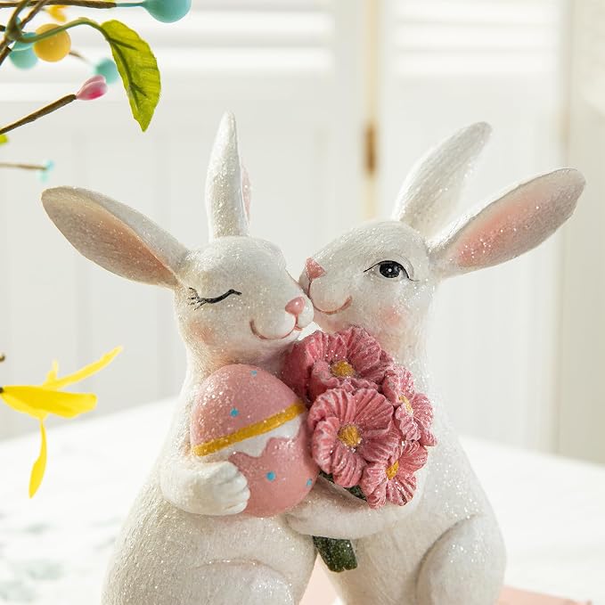 Glitzhome Resin Easter Bunny Figurines Table Decors for Spring Easter Party Supplies Props, 7''H