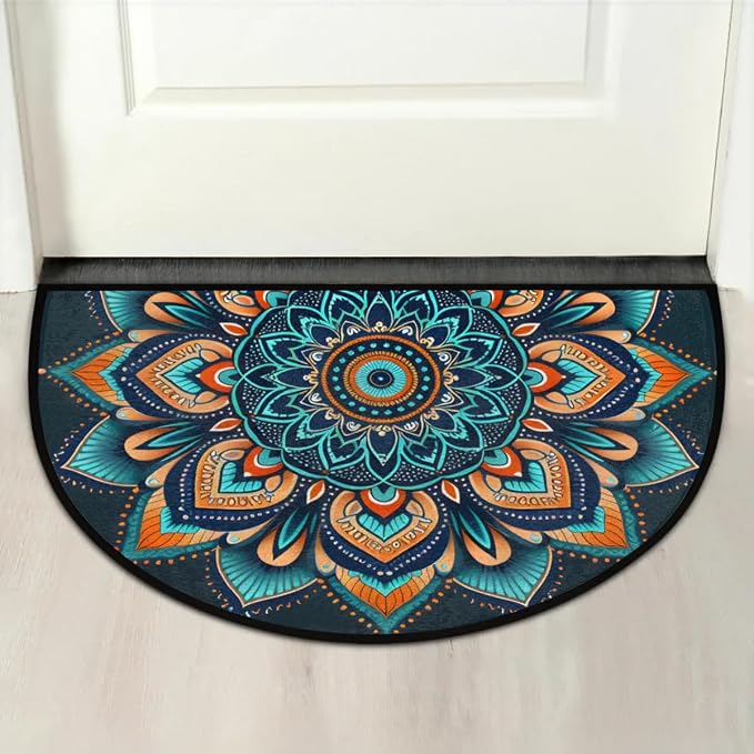 Ethnic Mandala Half Round Door Mat Semi Moon Rug Fireplace Carpet Area Rugs | Ethnic Mandala Non Slip Absorbent Half Circle Mat Carpet for Indoor Outdoor Patio Kitchen Bathroom Entryway Home Decor