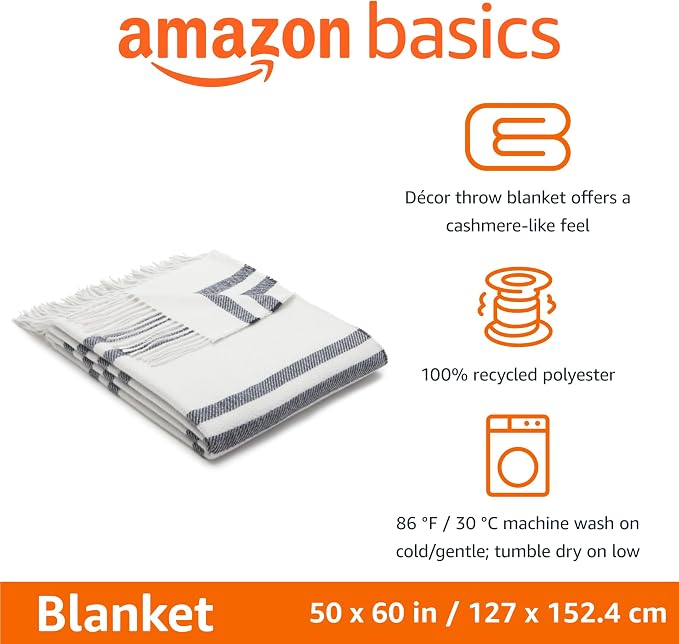 Amazon Basics Room Décor Throw Blanket, Lightweight and Cozy, Recycled Polyester, 50" x 60", Light Grey With Blue Stripes