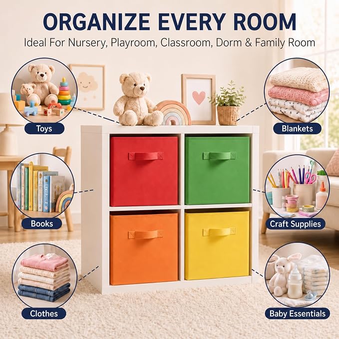 Yinder Cube Storage Bin Storage Bins for Room Decor Colorful Bins Foldable Baskets for Nursery Organizer Boxes Fabric Boxes (14''x10''x8'',Bright Colors,6 Pcs)
