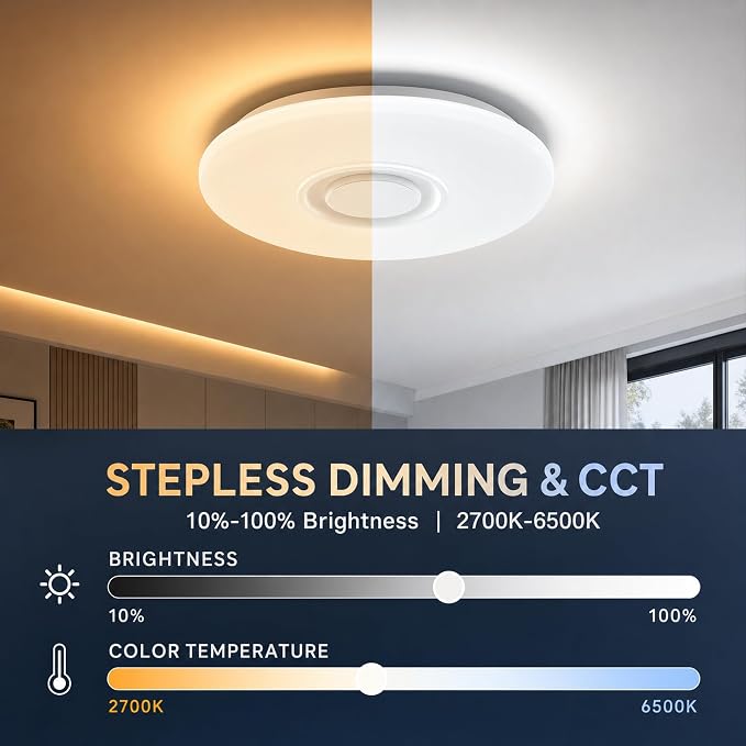 Upgrade 15 inch Dimmable LED Music Ceiling Light with Bluetooth Speaker 24W, Bluetooth Control via Smart Phone APP, Flush Mount Ceiling Light Family Bedroom (Remote Includes)