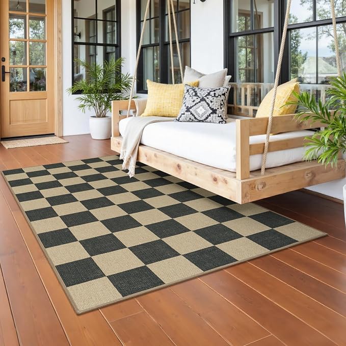 Lessymo Checkered Entryway Rug, 3x5 Washable Area Rugs for Living Room | Easy Jute Carpet for Outdoor Patio, Non Slip Indoor Door Mat for Entry Front Door Guestroom Deck, Diamond Black/Beige