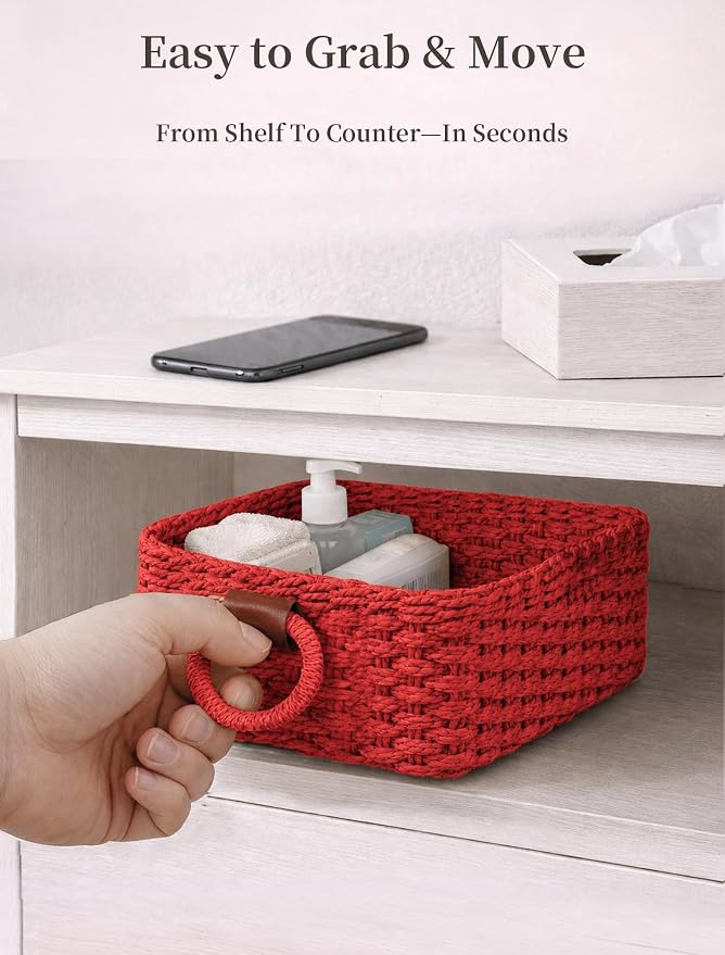 Small Wicker Baskets, 3 PCS Paper Rope Baskets for Shelves, Red | Recycled Small Baskets, 3 Sizes Woven Baskets for Organizing, Decorative Storage Baskets for Bedroom and Bathroom