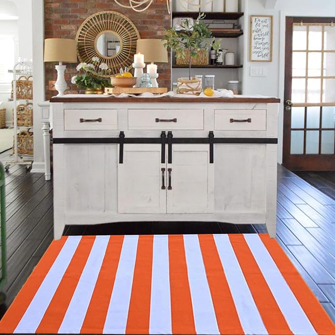 CAINANEL Fall Outdoor Rug Orange and White Striepd Rug 3' x 5' Front Door Mat Halloween Thanksgiving Fall Autumn Home Decor, Layerd Welcome Doormat for Front Porch Decor, Front Door, Farmhouse Decor