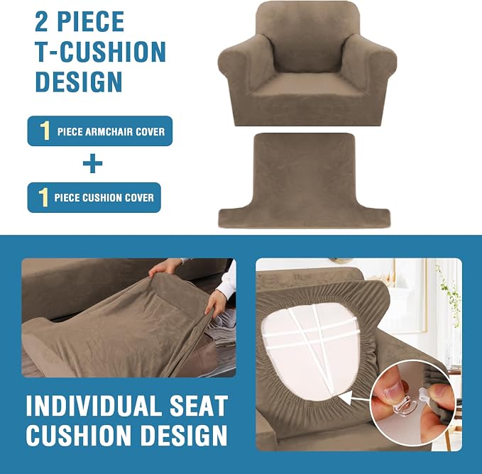 H.VERSAILTEX Sofa Cover 2 Piece T Cushion Armchair Slipcovers Thick Velvet Couch Cover Furniture Protector Stretch T Cushion Sofa Covers for 1 Cushion Couch with 1 Individual T Cushion Covers, Camel