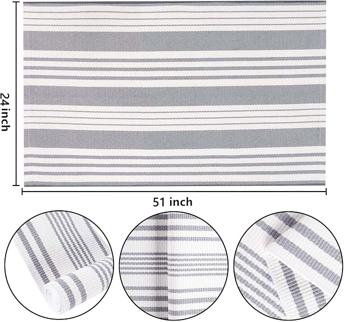 Grey and White Striped Rug 24'' x 51''Outdoor Front Porch Rug Hand-Woven Machine Washable Layered Door Mats for Entryway/Bedroom/Outdoor