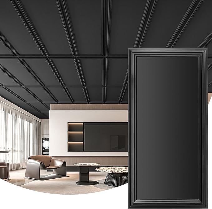 Art3d Drop Ceiling Tiles 48x24, Decorative PVC Ceiling Panels, Waterproof Rustproof and Durable 12-Pack, Glue Down, Rectangular Black