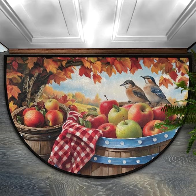 Autumn Half Round Doormat Non-Slip Semi Circle Rug Half Moon Mat | Bird Maple Apple Washable Soft Absorbent Indoor Outdoor Entrance Kitchen Bathroom Sink Patio Welcome Fireplace Floor Rug