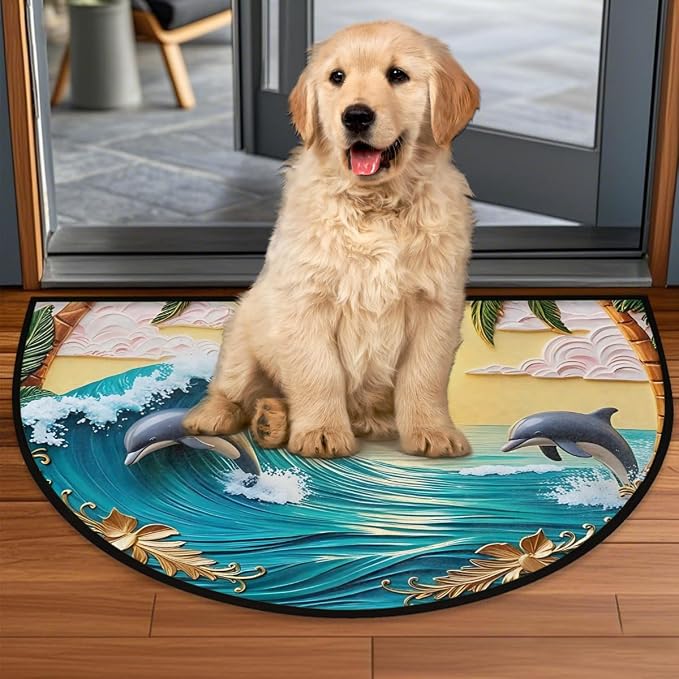 Dolphin Beach Sea Half Round Door Mat Non-Slip Semi Circle Rug Washable Half Moon Floor Rug Absorbent Bathroom Area Rugs for Outdoor Indoor Fireplace Mat Entryway Kitchen Decor Rugs