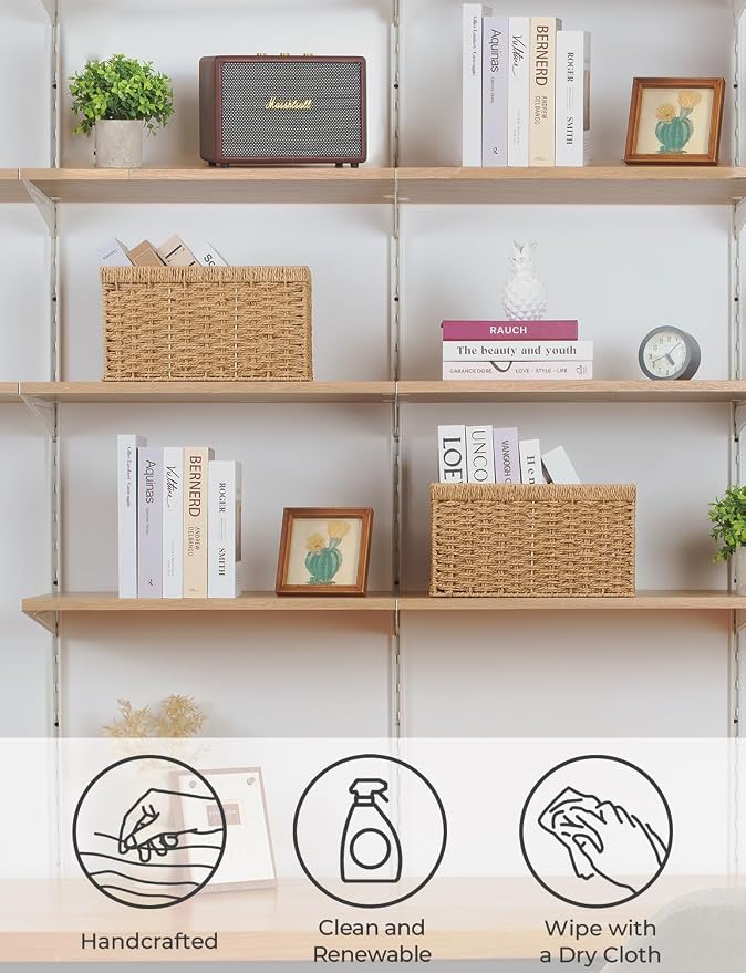 StorageWorks Round Paper Rope Storage Baskets, Rectangular Wicker Baskets with Built-in Handles, Medium, 13" L x 8¼"W x 7" H, 2-Pack