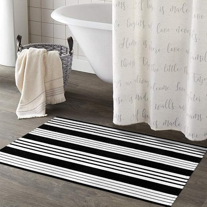 OJIA Front Door Mat 24"x35" Black and White Outdoor Rugs Front Door Rug | Washable Entryway Rug Cotton Woven Indoor Outdoor Doormat Small Area Rugs Layered Doormat for Porch/Outside Entrance Decor