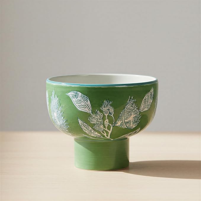 Creative Co-Op Stoneware Pedestal Bowl, Green