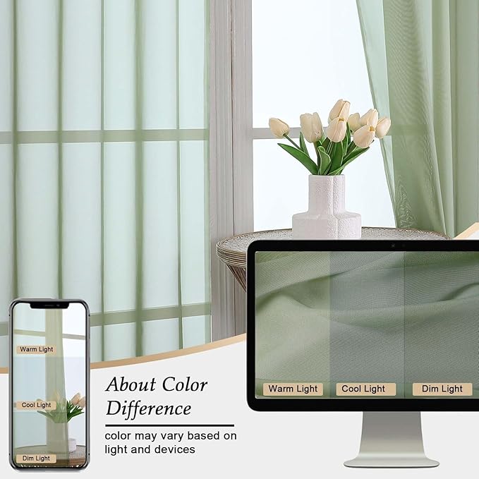 Sheer Green Curtains for Bedroom Living Room 90 Inches Long 2 Panels Set, Soft Airy Light Filtering Sheer Window Treatments, Modern Rod Pocket Curtains Drapes, Each 59" Wx90 L Inch