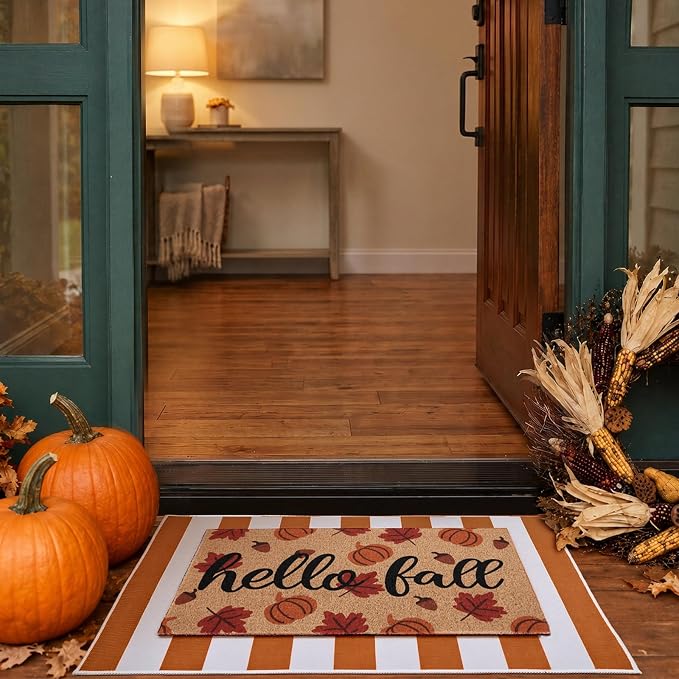 2pcs Hello Fall Doormats with Pumpkins Leaves Pattern Layered Autumn Front Porch Welcome Mat and Striped Crystal Velvet Layering Rug Non Slip Outdoor Entryway Flooring Decor for Thanksgiving