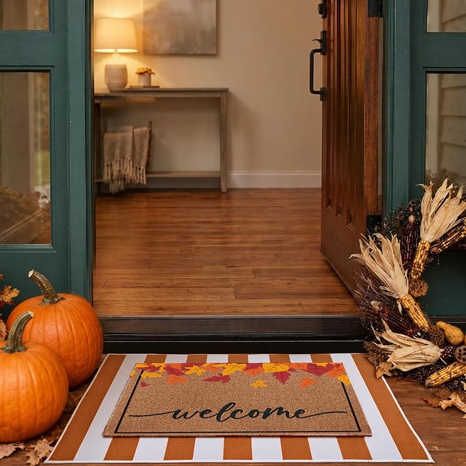 2 Pcs Fall Maple Leaves Welcome Doormats Autumn Outdoor Rug Striped Layering Porch Mats Non Slip Thanksgiving Entryway Shoe Scraper Washable Front Door Carpet Farmhouse Decorations 24x32 Inch