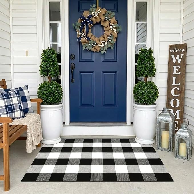 Buffalo Plaid Rug 2'4''x 3'7'' Black and White Front Door Mat Reversible Layered Porch Rug Washable Hand Woven Cotton Area Rug for Indoor Outdoor Entryway Patio Porch Decor